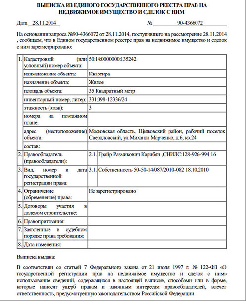 Образец выписки из росреестра о праве собственности